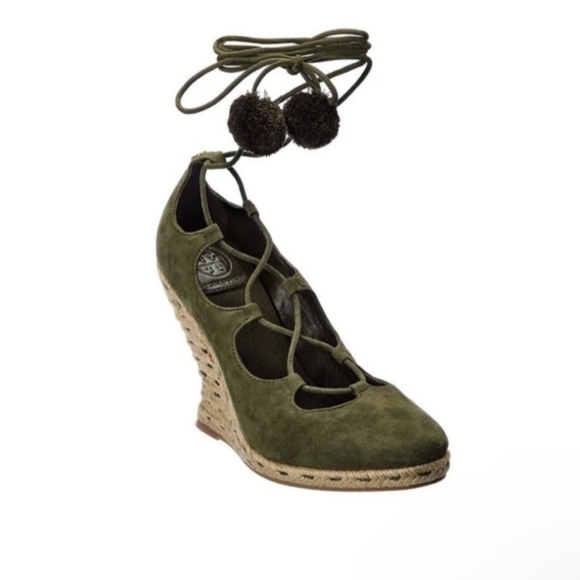 Tory Burch Pom Pom Heather Wedge Lace Up Espadrille Sandals Olive Green 7.5 - Picture 1 of 9